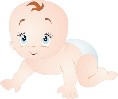 Bright picture of crawling baby in diaper. Vector isolated on white background