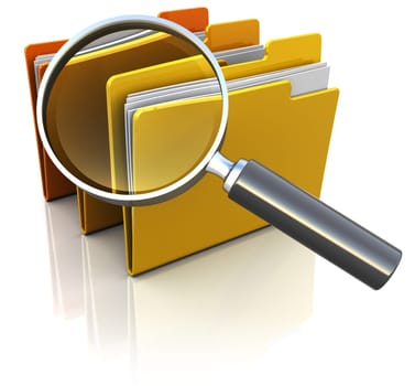 3d illustration of documents folders with magnify glass