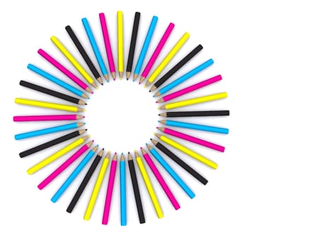 CMYK colored pencils around. 3D