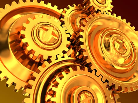 abstract 3d illustration of golden gear wheels background