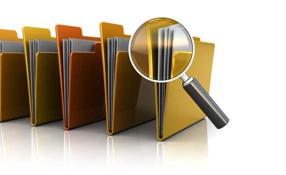 3d illustration of documents folders row with magnify glass