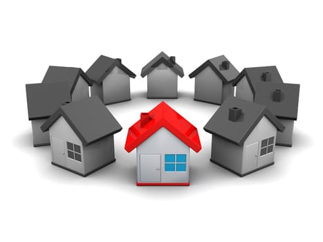 abstract 3d illustration of small houses ring, over white background