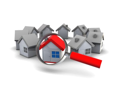 3d illustration of houses ring and magnify glass, search for home concept