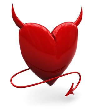 3d illustration of red heart with horns, over white background