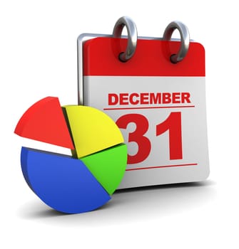 3d illustration of calendar and pie chart, year analyzing concept