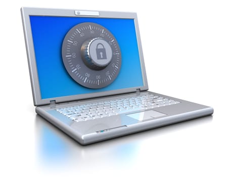 3d illustration of laptop protected by combination lock