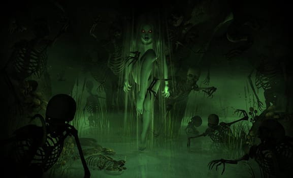 3d illustration of a witch in a dark swamp cavern