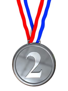 3d illustration of second plase silver medal, isolated over white background