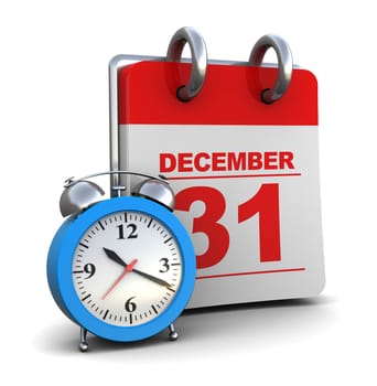 3d illustration of calendar with alarm clock, over white background