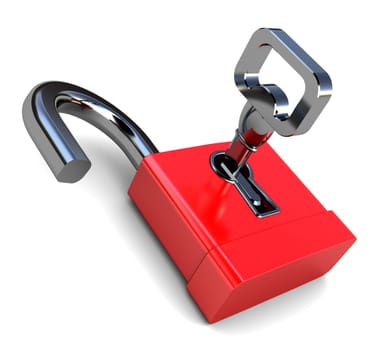3d illustration of opened lock with key, over white background