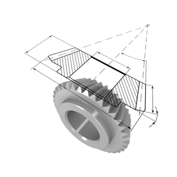 Three-dimensional model of bevel gear. On top of the model is projected onto the drawing.