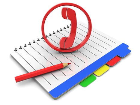 3d illustration of phonebook with pencil over white background