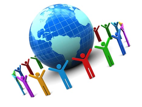 abstract 3d illustration of earth globe and colorful people around