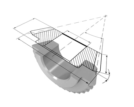 Three-dimensional model bevel gear in the section. On top of the model is projected onto the drawing.