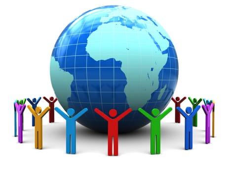 abstract 3d illustration of colorful people around earth globe
