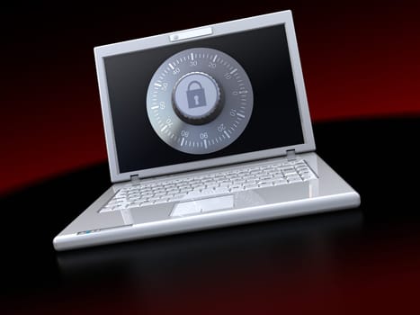 3d illustration of laptop computer protected by combination lock