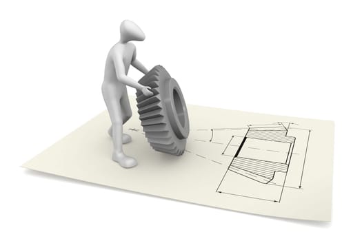 3D man holding a cogwheel. He is on the drawing of this gear.