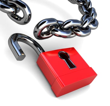 3d illustration of lock and chain over white background