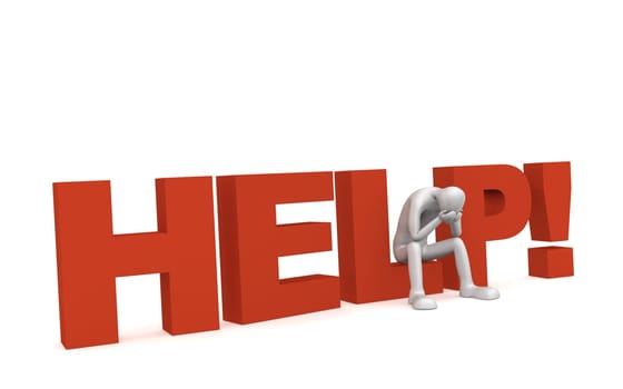 3D human sits on the word "HELP"" hands over his face"