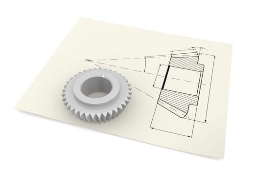 Three-dimensional image - bevel pinion is on the drawing.