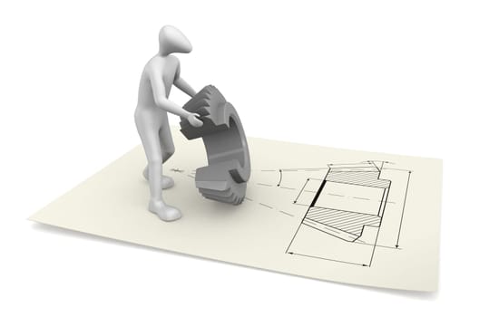 3D man holding a cogwheel. He is on the drawing of this gear.