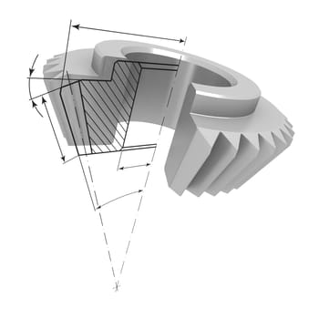Three-dimensional model bevel gear in the section. At the cut projected drawing details.