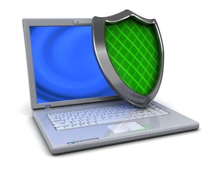 3d illustration of laptop computer protected by shield