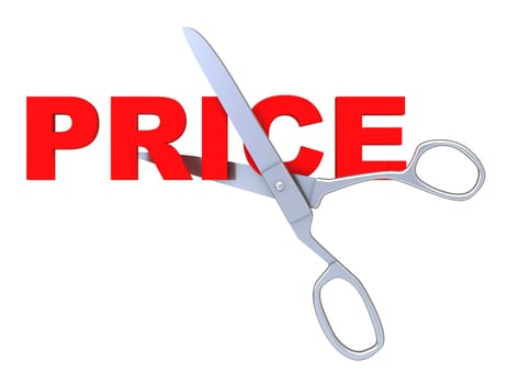 3d illustration of sign 'price' and scissors, isolated over white background