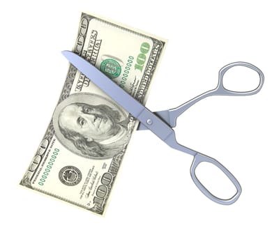 3d illustration of scissors cutting dollar banknote