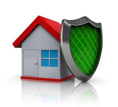 3d illustration of house protected by shield, over white background