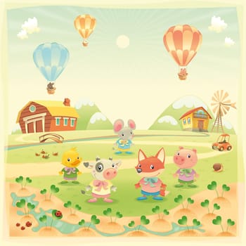 Baby farm animals in the countryside. Funny cartoon and vector illustration, isolated objects.