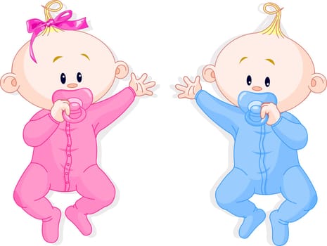 Two baby twins lie and keep the pacifiers