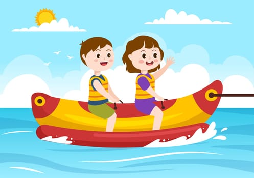 Playing Banana Boat and Jet Ski Holidays on the Sea in Beach Activities Template Hand Drawn Cartoon Flat Illustration