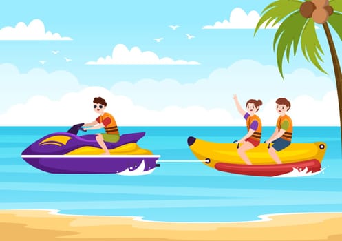 Playing Banana Boat and Jet Ski Holidays on the Sea in Beach Activities Template Hand Drawn Cartoon Flat Illustration