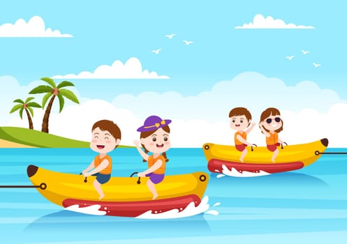 Playing Banana Boat and Jet Ski Holidays on the Sea in Beach Activities Template Hand Drawn Cartoon Flat Illustration