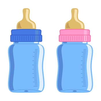 Blue and pink baby bottle over white background