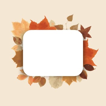 White blank sign with autumn leaves on a sand beige background, seasonal background, illustration
