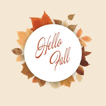 White blank round sign with autumn leaves on a sand beige background, seasonal background, illustration