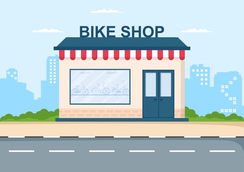Bike Shop with Shoppers People Choosing Cycles, Accessories or Gear Equipment for Riding in Template Hand Drawn Cartoon Flat Illustration