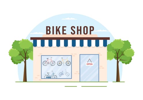 Bike Shop with Shoppers People Choosing Cycles, Accessories or Gear Equipment for Riding in Template Hand Drawn Cartoon Flat Illustration