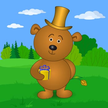 Holiday vector: teddy bear in cylinder with gift box and flower on meadow