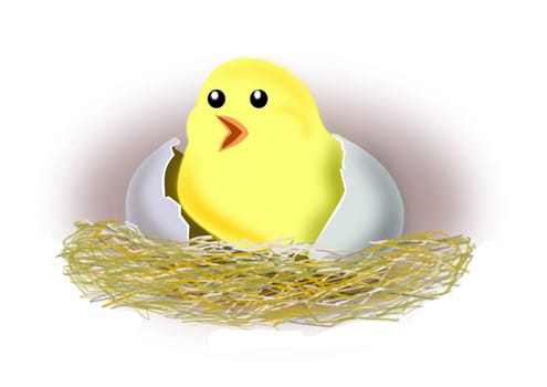 A chicken coming out of an egg.