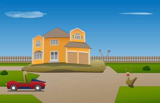 vector mother snail with big house for her baby snails
