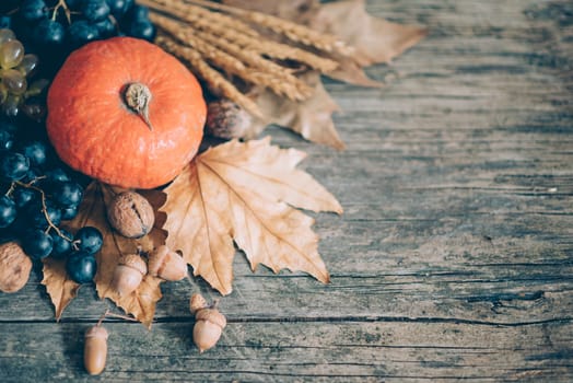 Happy thanksgiving holiday concept. Top view of autumn leaves, pumpkin, and fruits on rustic wooden table with copyspace.