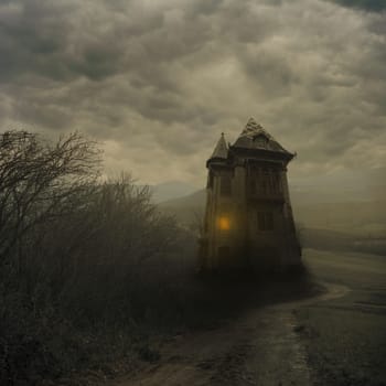 Scary scene with haunted house. Halloween background design.