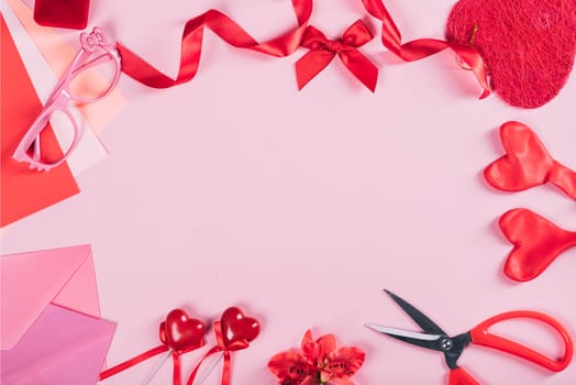 Valentine's day background with copyspace. Valentine hearts gift craft from above. Flat lay design.