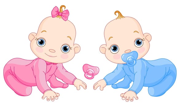 Illustration of creeping baby twins. You can easily add or remove the pacifier to each of them