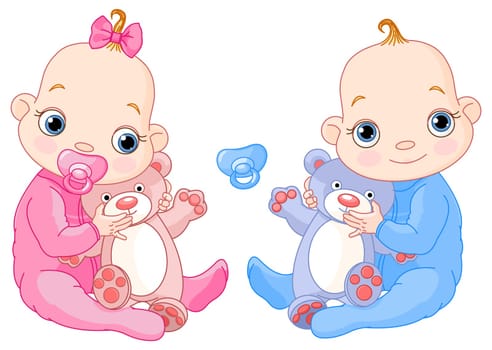 Illustration of Cute twins with toys. You can easily add or remove the pacifier to each of them