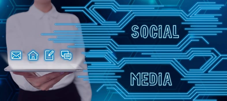 Conceptual caption Social Media, Business showcase Online communication channel Networking Microblogging