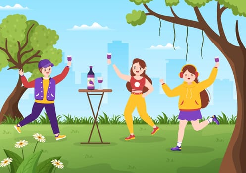 Wine Party Template Hand Drawn Cartoon Flat Illustration with People Dance, Holding a Bottle of Champagne and Drinking in Festive Event Concept